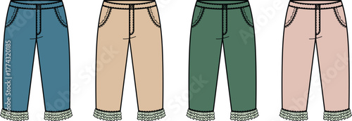 Fashion illustration of four pairs of stylish women's cropped pants featuring trendy frayed hems in diverse color options, perfect for casual spring and summer outfits
