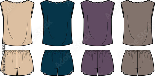Collection of comfortable women's sleepwear sets featuring sleeveless tank tops and matching shorts, presented in various stylish color options for relaxed lounge wear and home comfort