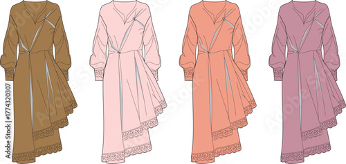 Elegant long-sleeved midi dress concept with asymmetrical hem and lace trim, illustrated in multiple stylish color variations. A modern fashion design collection