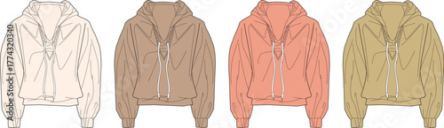Vector collection of women's zip-up hooded jackets in four colors. Fashion flat sketch template for apparel design, clothing mockups, and technical drawing