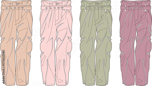 Vector illustration showcasing a quartet of contemporary cargo pants designs in diverse color palettes, highlighting comfort and utility in modern apparel fashion