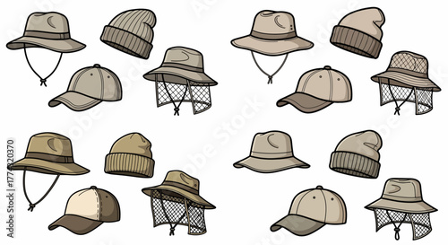 Various hats and caps collection for outdoor activities