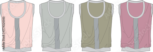 Collection of women's sleeveless tank top technical flat fashion sketches. Apparel vector template with contrast trim and elastic hem in multiple color options