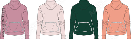 Women's hoodie sweatshirt technical flat sketch set in multiple colorways. Vector illustration fashion design template for apparel mockups and clothing collections