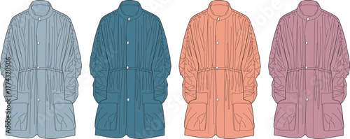 Vibrant collection of illustrated hooded parkas, showcasing various color options for women's outerwear, ideal for casual and stylish autumn or spring fashion designs and product showcases