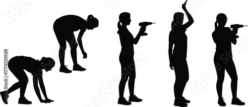 Construction worker silhouette, female laborer poses, power drill action, bending, crouching, reaching, industrial gesture, DIY, tool usage, black figure