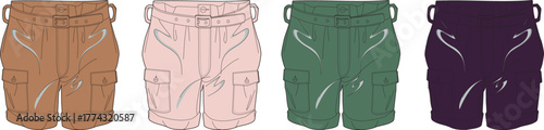 Colorful collection of men's casual cargo shorts with multiple pockets, presented as a technical flat sketch for fashion design templates