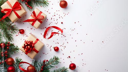 Christmas fir branches with gift boxes and red ribbon on white background flat lay