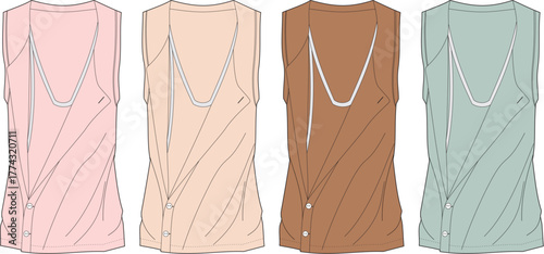 A collection of stylish women's tank tops in four colors. Vector illustration technical flat sketch for fashion design and apparel mockups