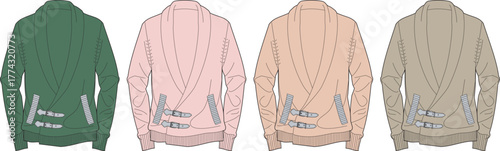 Collection of women's fashionable casual jackets featuring a distinctive draped open collar and stylish buckle details on the back hem, showcased in a versatile color palette for modern everyday wear