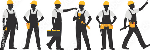 Construction workers silhouettes, hard hats, tools, teamwork, manual labor, industrial workforce, safety gear, job site, engineering, maintenance, repair, building, infrastructure, skilled labor,