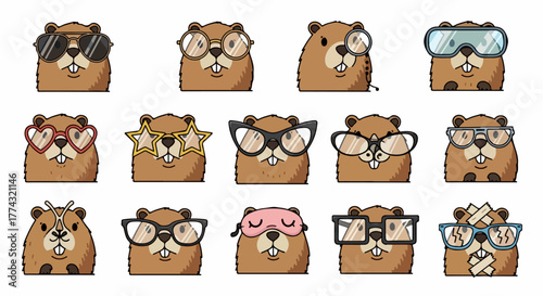 Cute groundhog faces with various eyewear