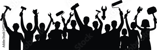 Silhouette, workers, teamwork, tools, unity, labor, construction, DIY, celebration, community, tradespeople, hammer, wrench, drill, paintbrush, collaboration, support, volunteer, effort, black