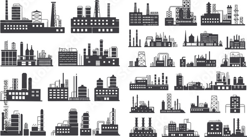 Industrial factory icons, black and white silhouette, manufacturing buildings, refinery structures, chimneys, tanks, engineering design, urban industry, vector set