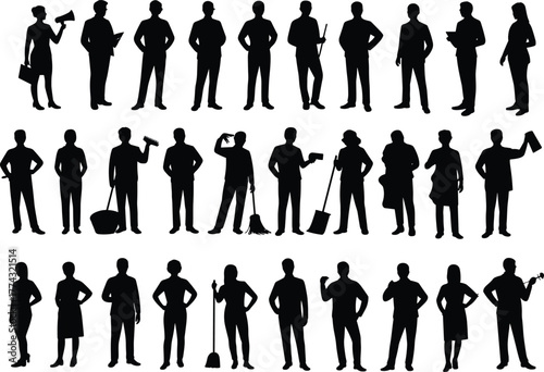 Silhouettes of diverse working people, professions and occupations, black vector icons, career roles, job diversity, workforce illustration, business concept