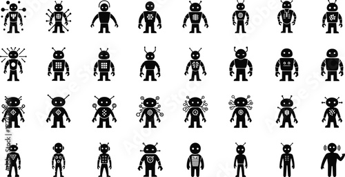 Robot character icons, futuristic humanoid AI silhouettes, black and white vector illustration for technology, robotics, app, and web design