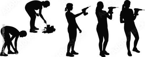 Silhouettes of a person using a power drill and performing construction tasks isolated on white