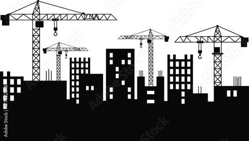 Urban construction skyline, silhouette cityscape, tower cranes, building development, architecture, engineering, infrastructure, real estate, progress, growth, urban planning, industrial zone,
