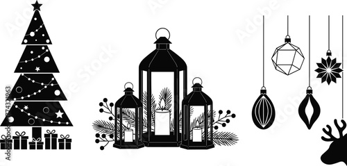Christmas silhouette set with tree, lanterns, candles, ornaments, pine branches, reindeer head, festive holiday decoration vector illustration