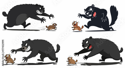 Angry bear chasing frightened rodent cartoon