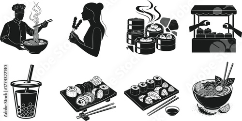Asian street food and sushi vector set with ramen, dim sum, boba tea, Japanese chef, and market stall