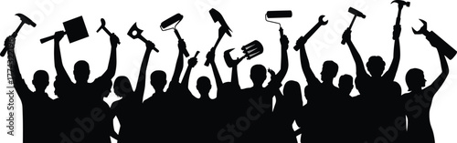 Workers, tools, unity, silhouette, labor, teamwork, tradespeople, construction, repair, black and white, protest, solidarity, crafts, DIY, industry, community, strength, hands raised, professions,