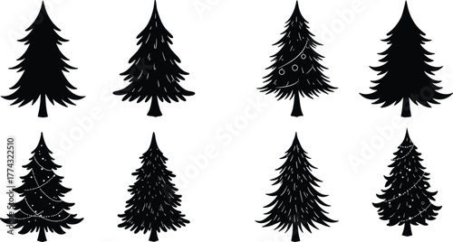 Christmas tree silhouettes collection with pine and fir designs, decorated and plain trees, festive holiday winter decoration vector set