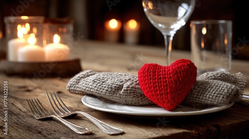 A wooden table with a white plate, a red heart-shaped knitted decoration, a white napkin, and a glass of wine on a wooden table with lit candles in the background.