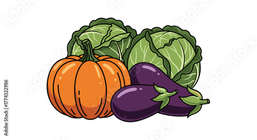 Freshly harvested pumpkin cabbage and eggplants create an organic harvest bounty perfect for healthy cooking and delicious autumn dishes, Generative AI.