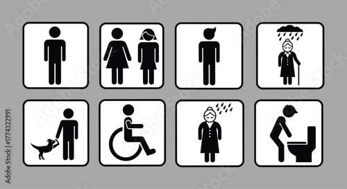 Humorous bathroom icons with man woman accessible pet-friendly sad woman and vomiting icons that add a bit of fun to wayfinding or design projects, Generative AI.