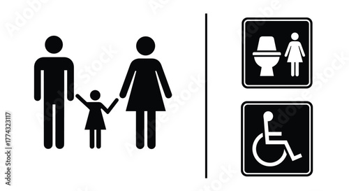 Clear visual cues for family accessible and women's restrooms ensure inclusivity and easy navigation in any public space, Generative AI.