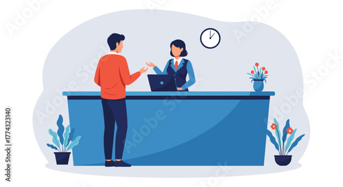 Professional receptionist assisting customer at modern reception desk with laptop and plants creating welcoming business atmosphere, Generative AI.