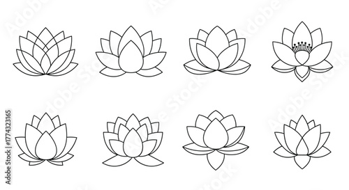 Discover serene lotus flower line art icons perfect for meditation spa yoga and wellness branding offering peaceful elegance and natural beauty for your projects, Generative AI.