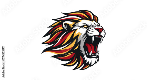 A fierce and powerful roaring lion head with a vibrant, fiery mane in red, yellow, and orange colors, depicted in a stylized graphic illustration.