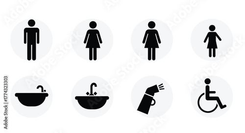 Modern icons for restroom facilities including male female accessible shower sink and showerhead for clear signage and design needs, Generative AI.