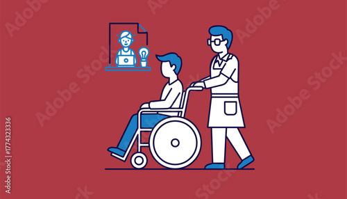 Caring nurse assists patient in wheelchair symbolizing healthcare support and innovation in medical practice, Generative AI.