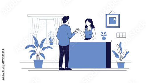 Professional interaction at a modern reception desk conveying helpfulness and efficient customer service in a clean inviting office environment, Generative AI.