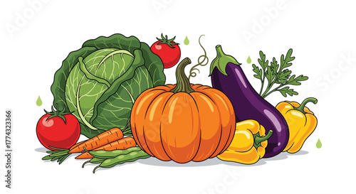 Vibrant fresh vegetables including pumpkin cabbage tomatoes eggplant carrots peppers and beans bursting with natural goodness and healthy appeal, Generative AI.