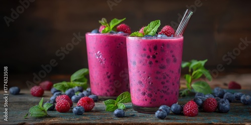 Wallpaper Mural The Berry Smoothie Glasses with Fresh Raspberries Blueberries Mint and Straws on Wood Torontodigital.ca