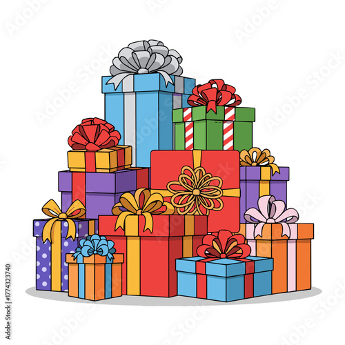 Colorful stacked gift boxes with ribbons and bows for celebrations  