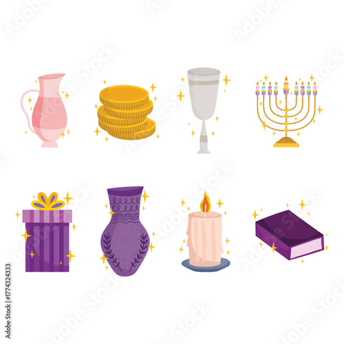 Set of icons for the Hanukkah holiday. Happy Chanukah, Festival of Lights, Feast of Dedication. Jewish Menorah with candles. Religious holiday. Vector illustration isolated on white background