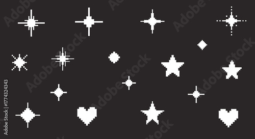 A collection of pixelated white star and heart shapes scattered across a black background.
