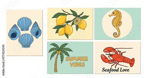 Collection of summer-themed illustrations featuring seashells, lemons, seahorse, palm tree, and lobster.