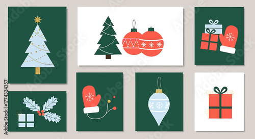 Set of Christmas and New Year greeting cards with holiday elements.