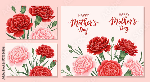 Mother's Day greeting cards featuring vibrant red and pink carnation flowers with elegant calligraphy.