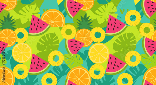 Vibrant seamless pattern of tropical summer fruits including watermelon, pineapple, and citrus slices on a leafy green background.