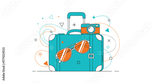 Travel essentials: Suitcase, camera, and sunglasses. A stylized, clean graphic depicting travel accessories for summer vacation.