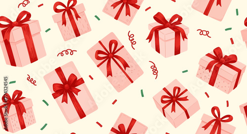 A festive illustration featuring a pattern of pink gift boxes with red ribbons and scattered confetti.
