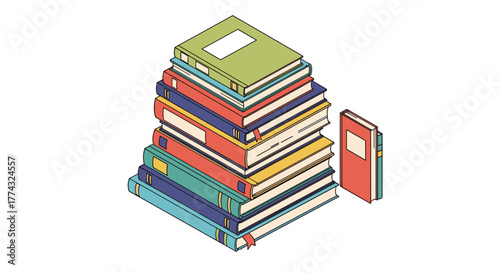 A colorful stack of assorted books with a red book standing alone, depicting knowledge, learning, and the joy of reading.