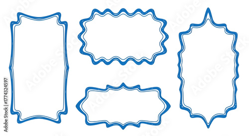A collection of four empty blue decorative frames with various wavy and scalloped border designs isolated on a white background.